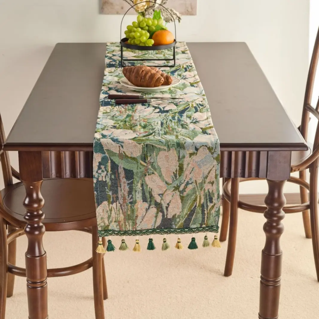 Rural Style Table Runner Monet Oil Painting Jacquard Table Cloth Runner Cabinet Long Table Setting for Home Kitchen Rustic Decor