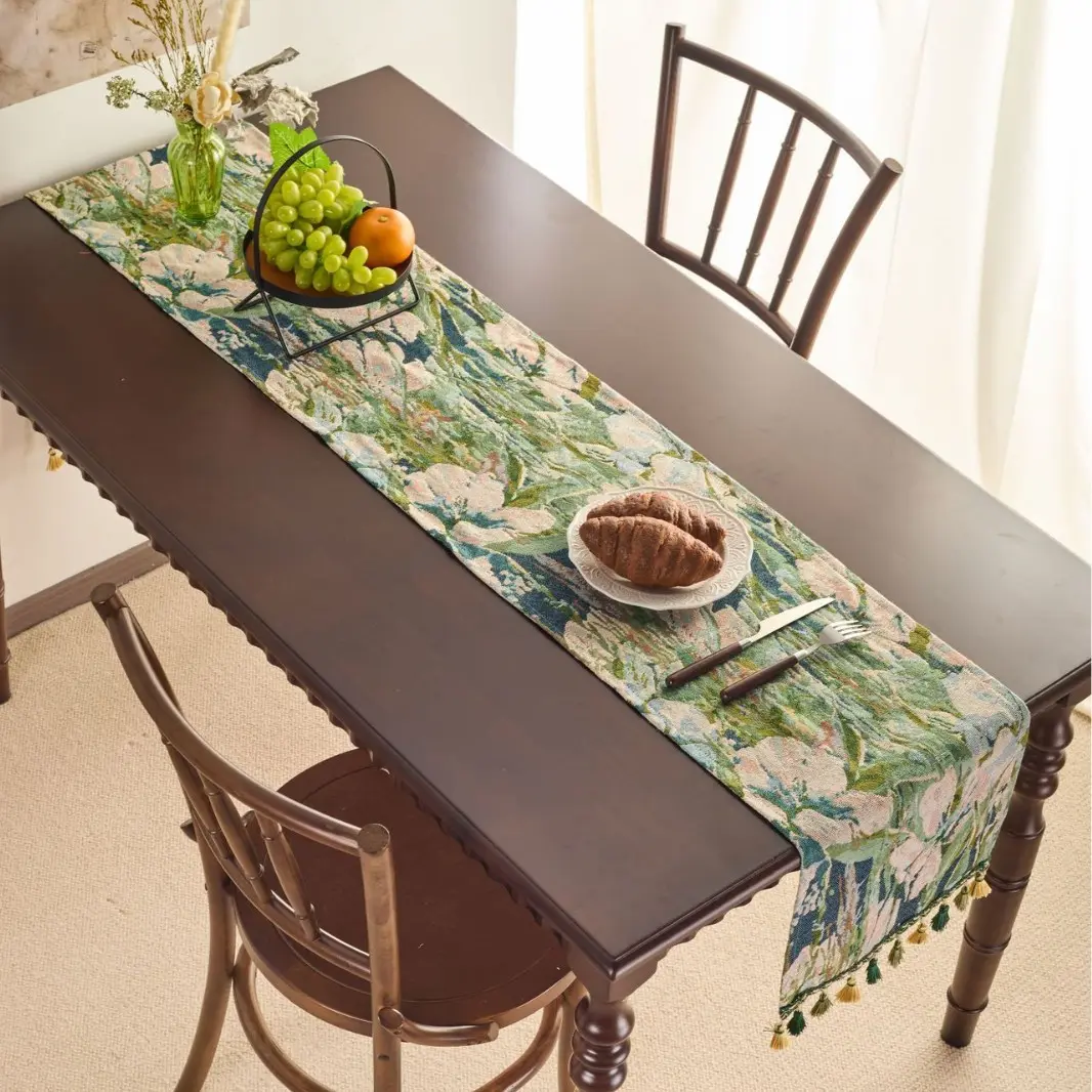 Rural Style Table Runner Monet Oil Painting Jacquard Table Cloth Runner Cabinet Long Table Setting for Home Kitchen Rustic Decor