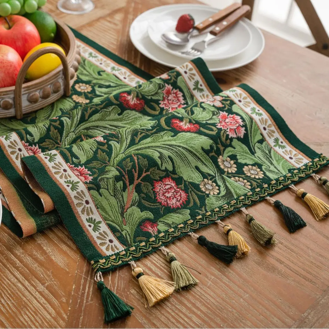 Plant Flower Table Runner with Tassels Jacquard Living Room Cabinet Cover Kitchen Dining Table Runner Party Decoration