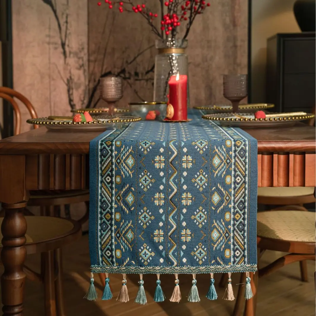 Plant Flower Table Runner with Tassels Jacquard Living Room Cabinet Cover Kitchen Dining Table Runner Party Decoration