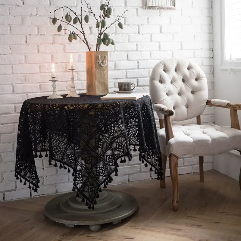 Pastora Cotton Crochet Tablecloth Rectangle Black Hollow Handmade Vintage Lace Table Cloth Cover Towel For Home Kitchen Decor