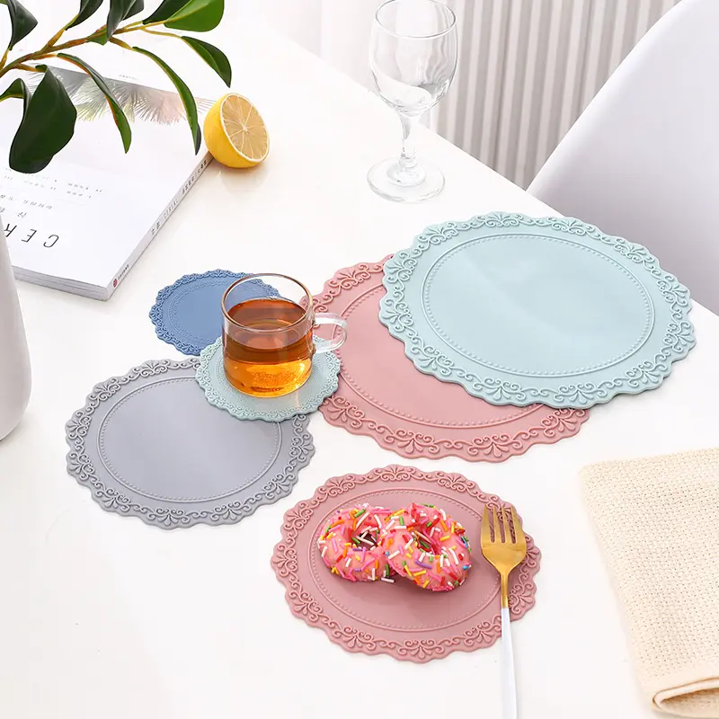 European Lace Silicone Table Mat Retro Embossed Heat Insulation Thickened Round Anti-Skidding Pad Kitchen Waterproof Placemat