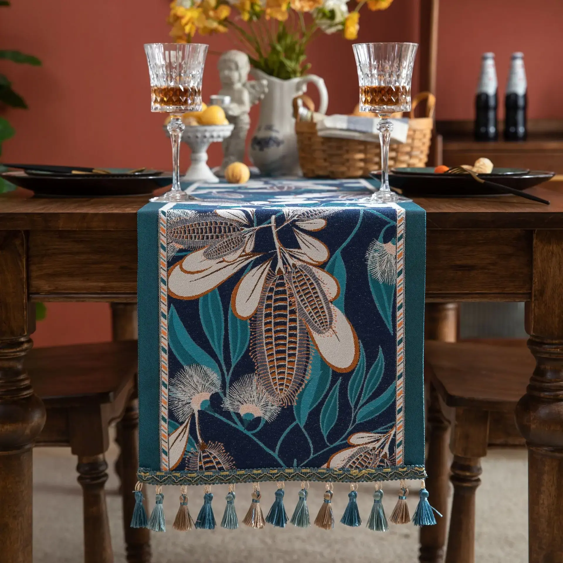 Jacquard Blue Table Runner for Dining Decoration Home Tea Table Runner Table Cover TV Cabinet Bed Runner