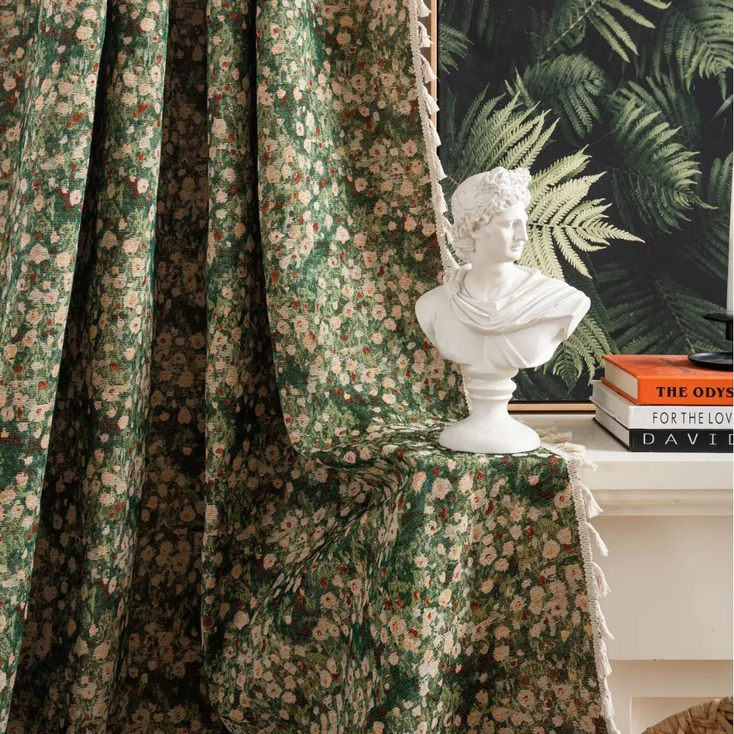 French Retro Style Curtain for Bedroom and Living Room Thickened Finished Semi Blackout Green Monet Oil Painting Window Curtain