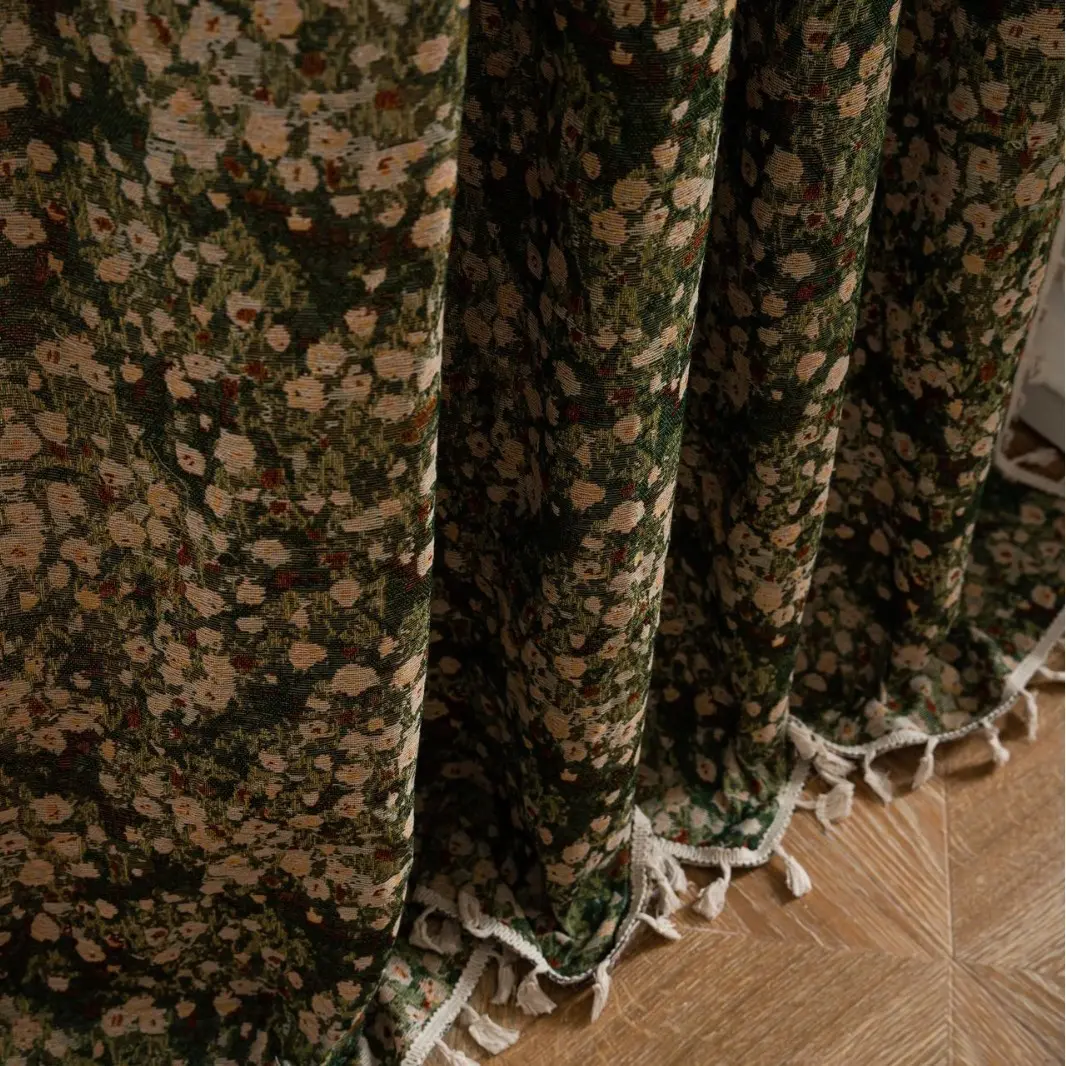 French Retro Style Curtain for Bedroom and Living Room Thickened Finished Semi Blackout Green Monet Oil Painting Window Curtain