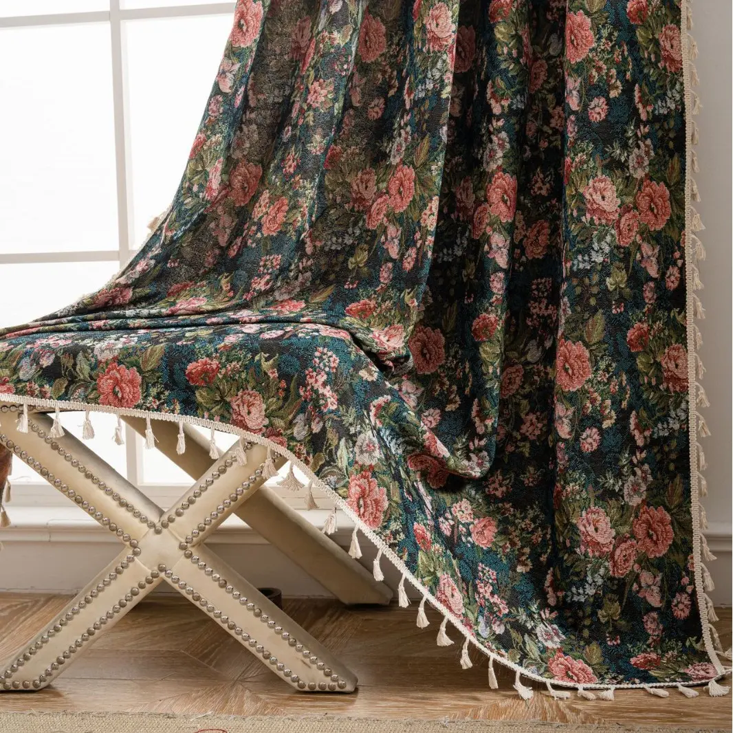 French Retro Style Curtain for Bedroom and Living Room Thickened Finished Semi Blackout Green Monet Oil Painting Window Curtain