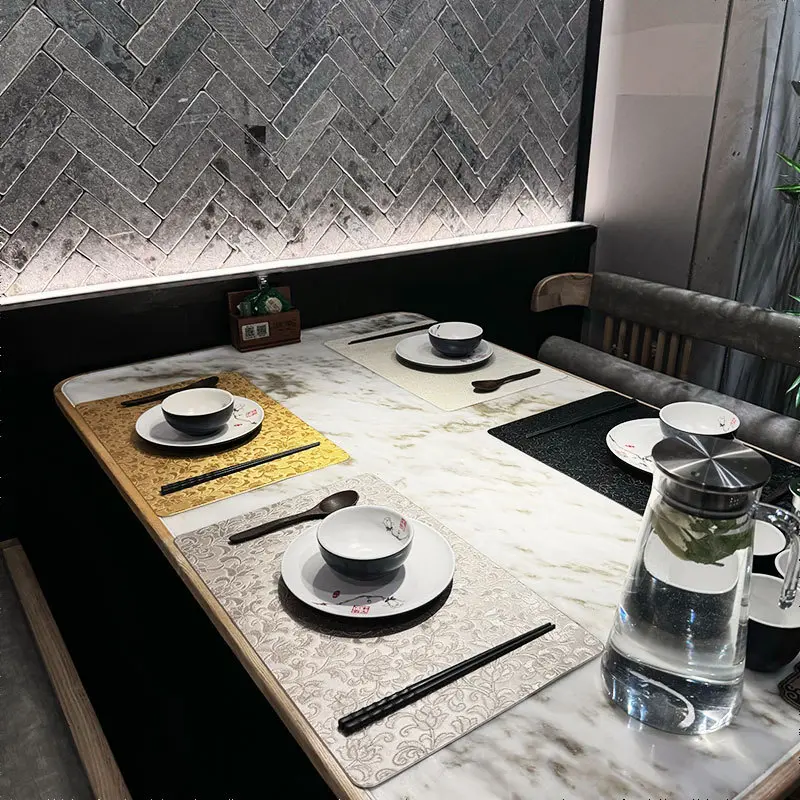 Chinese Retro Embossed Imitation Leather Placemat Rectangle Table Mat for Dining Table Plate Mat Embroidered Home Tableware Pad