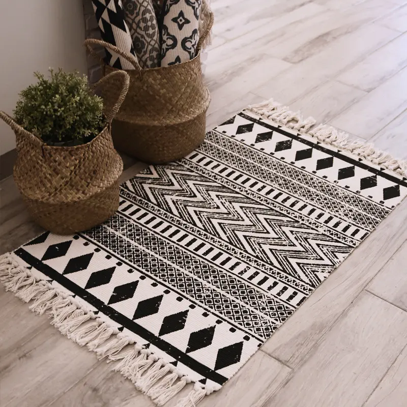 Ethnic Style Woven Linen Cotton Rectangle Rug Mat For Living Room Handmad Small Carpet Bedroom Bedside Foot Pad Rug