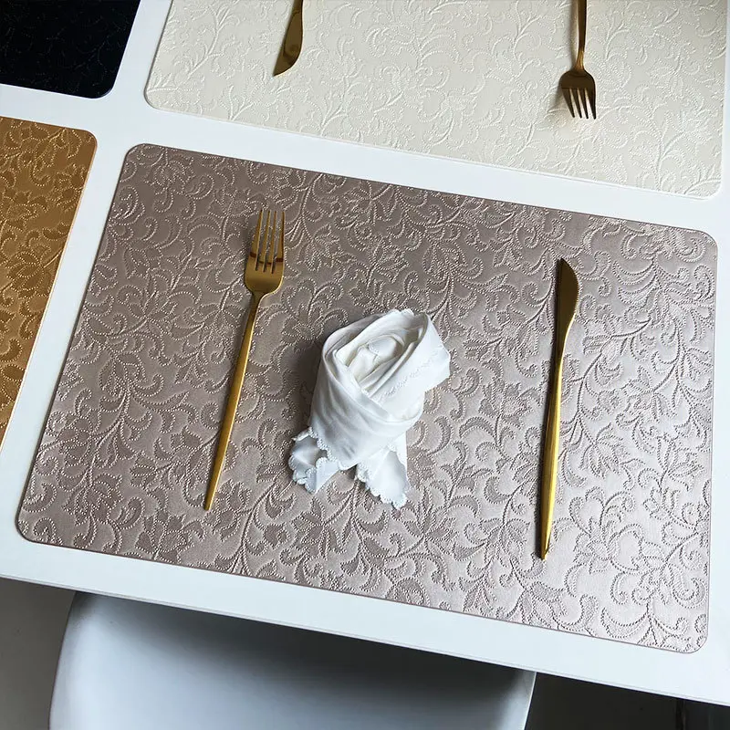 Chinese Retro Embossed Imitation Leather Placemat Rectangle Table Mat for Dining Table Plate Mat Embroidered Home Tableware Pad