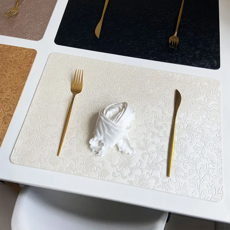 Chinese Retro Embossed Imitation Leather Placemat Rectangle Table Mat for Dining Table Plate Mat Embroidered Home Tableware Pad