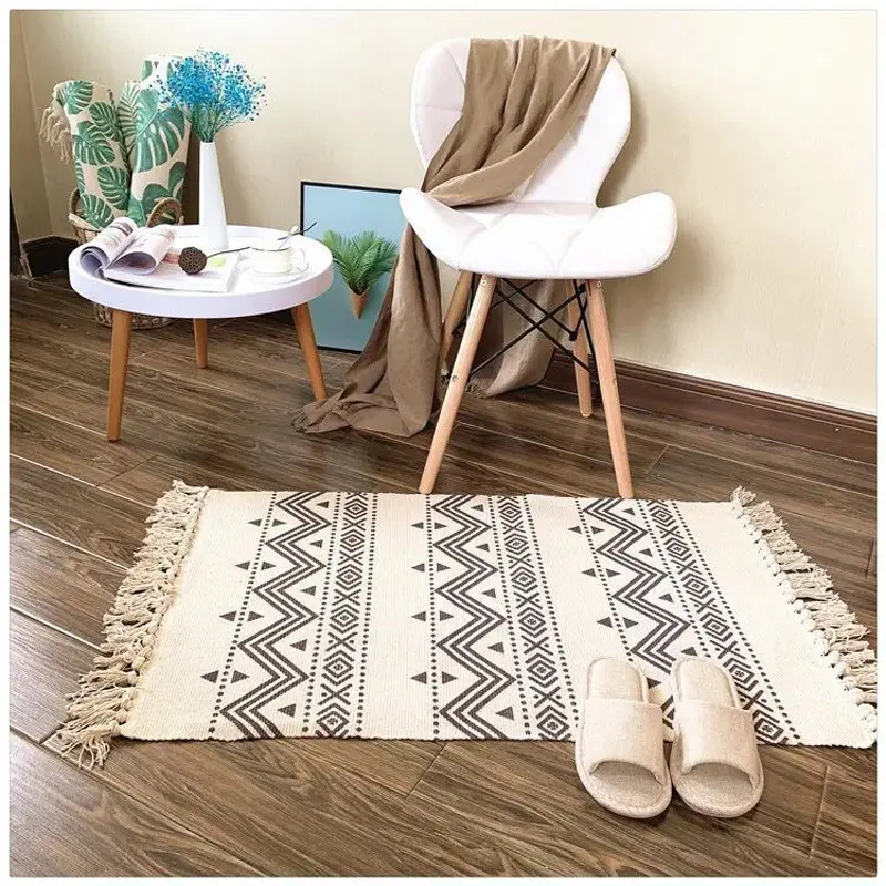 Ethnic Style Woven Linen Cotton Rectangle Rug Mat For Living Room Handmad Small Carpet Bedroom Bedside Foot Pad Rug