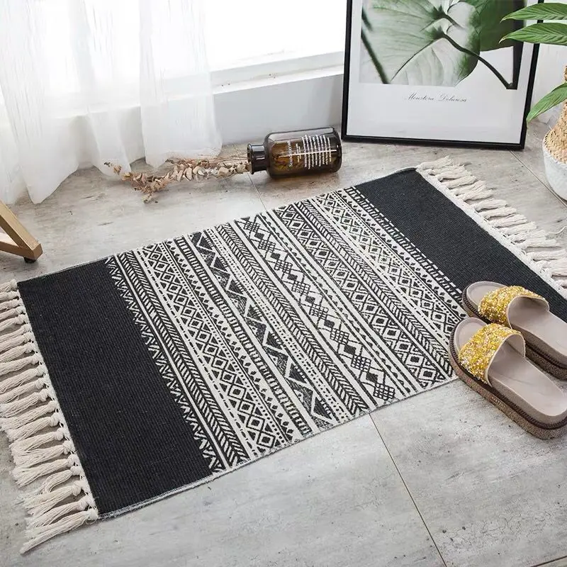 Ethnic Style Woven Linen Cotton Rectangle Rug Mat For Living Room Handmad Small Carpet Bedroom Bedside Foot Pad Rug