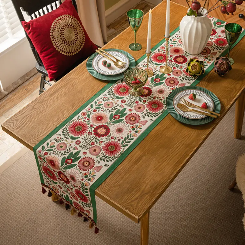 Retro Jacquard Table Runner with Tassels Sunflower Embroidery Table Setting Ethnic Style Dining Kitchen Decoration Table Runners