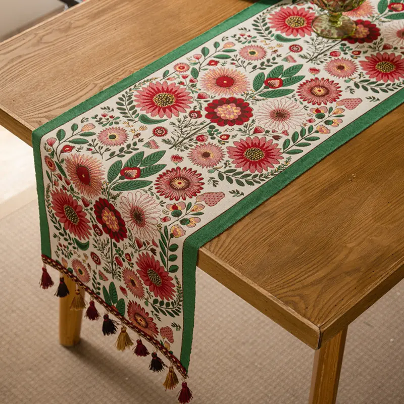 Retro Jacquard Table Runner with Tassels Sunflower Embroidery Table Setting Ethnic Style Dining Kitchen Decoration Table Runners