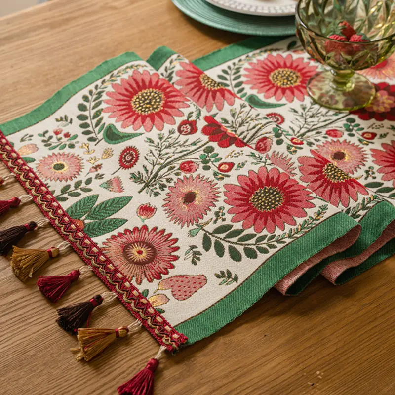 Retro Jacquard Table Runner with Tassels Sunflower Embroidery Table Setting Ethnic Style Dining Kitchen Decoration Table Runners