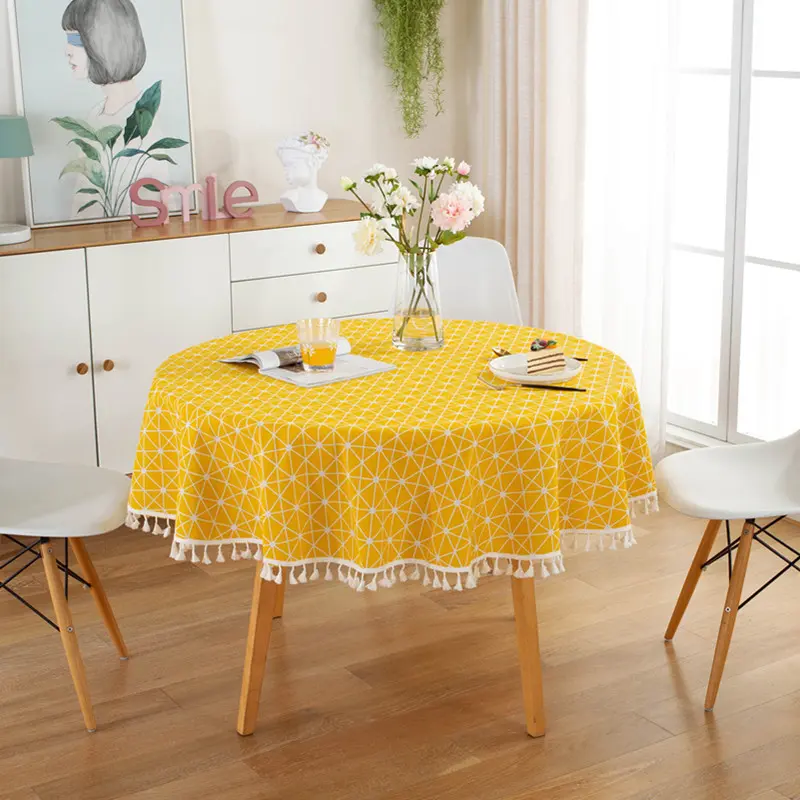 Round Tablecloth with Plaid Geometry Tassel for Coffee Tea, Dining Table Decor, Home Decorations, Polyester Cotton, Japan Style