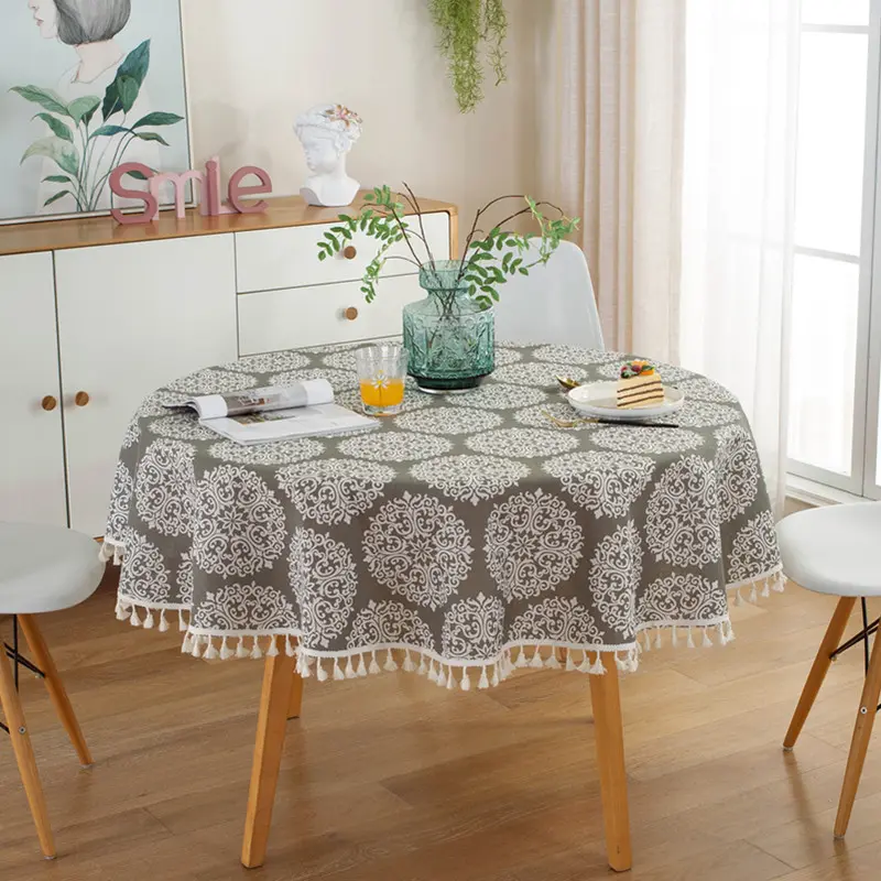 Round Tablecloth with Plaid Geometry Tassel for Coffee Tea, Dining Table Decor, Home Decorations, Polyester Cotton, Japan Style
