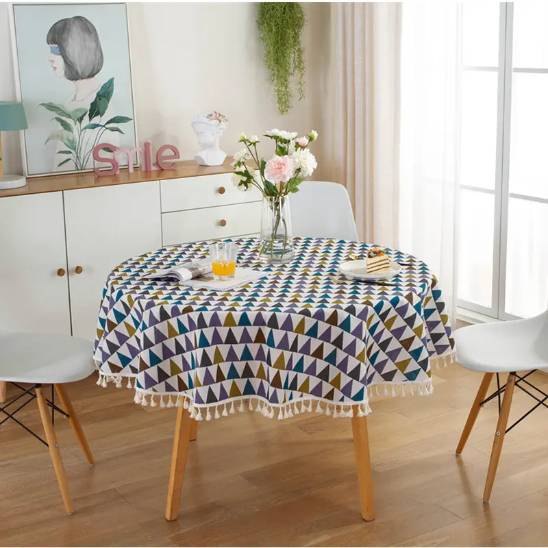 Round Tablecloth with Plaid Geometry Tassel for Coffee Tea, Dining Table Decor, Home Decorations, Polyester Cotton, Japan Style