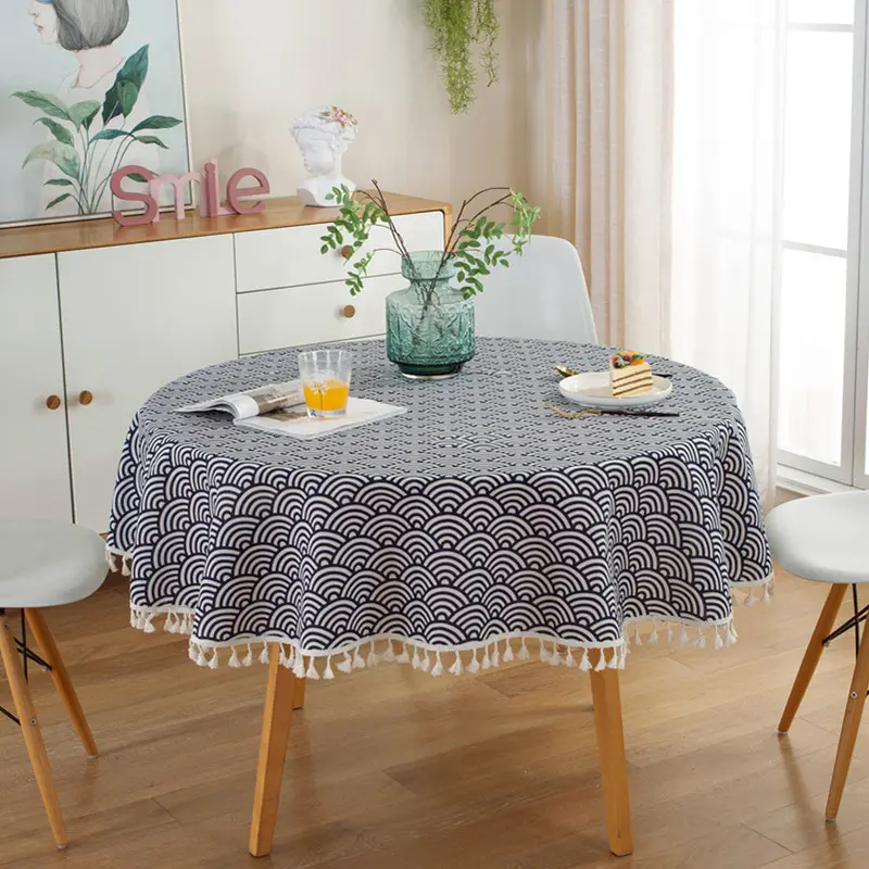 Round Tablecloth with Plaid Geometry Tassel for Coffee Tea, Dining Table Decor, Home Decorations, Polyester Cotton, Japan Style