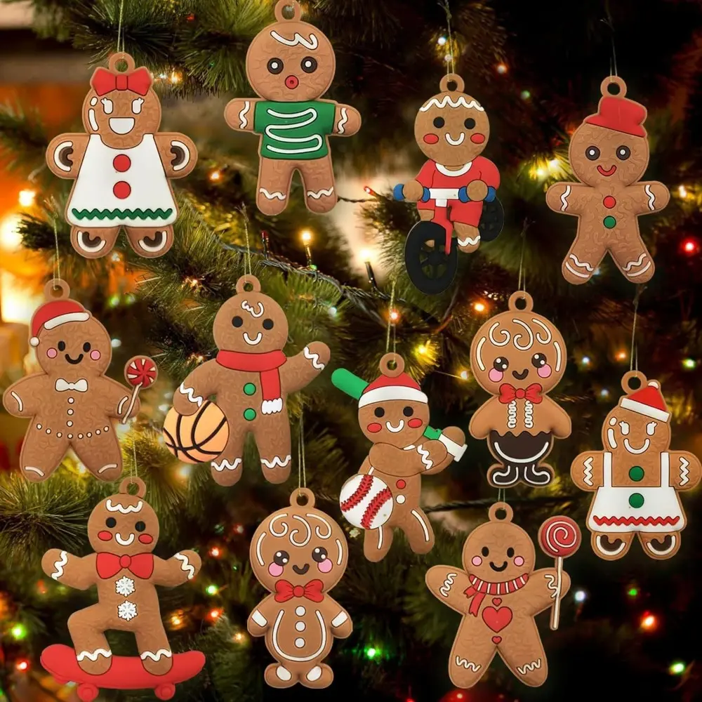 12pcs/Set Gingerbread Man Ornaments Assorted Plastic Gingerbread Figurines Ornaments for Xmas Christmas Tree Hanging Decorations