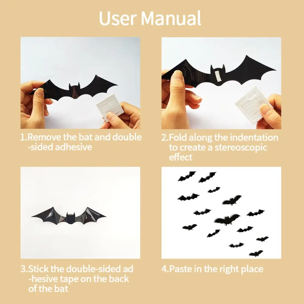 48pcs/Set Halloween Bat Wall Stickers 3D Black Scary Bat Stickers Decals Crafts DIY for Home Indoor Outdoor Party Decorations