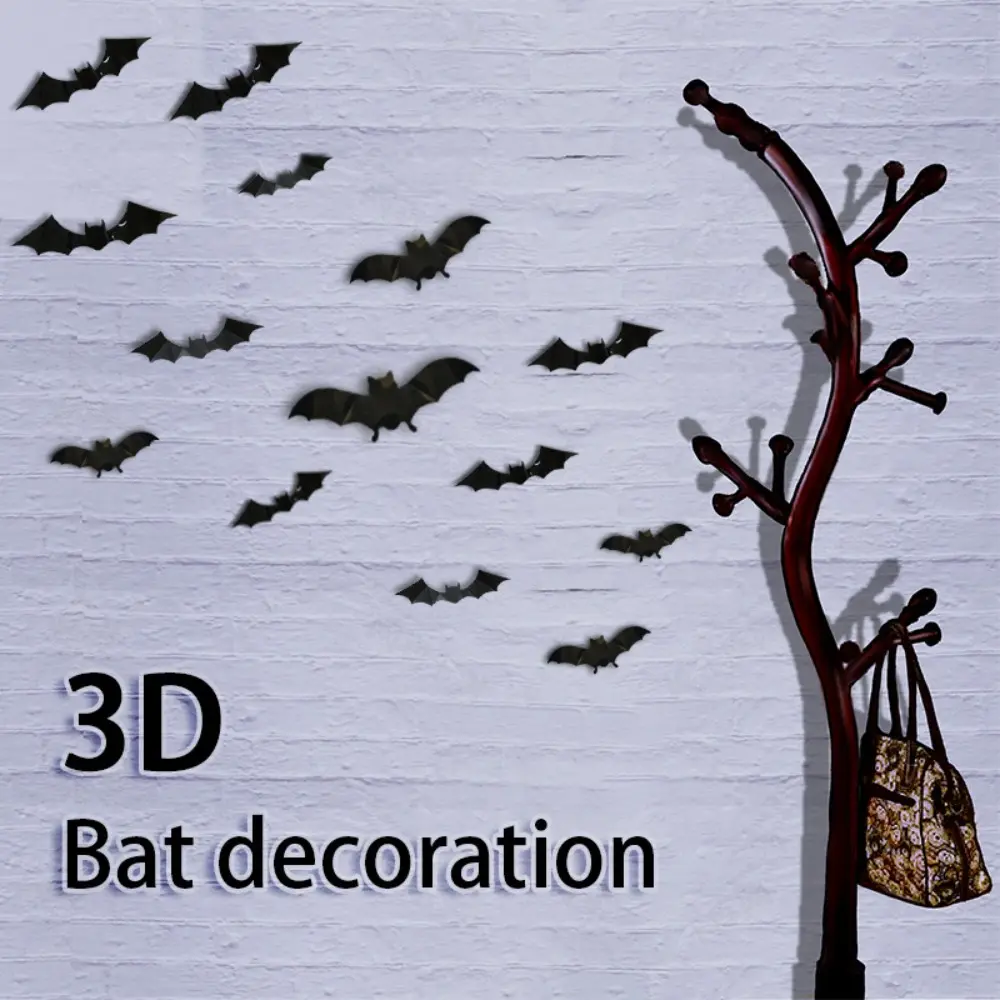 48pcs/Set Halloween Bat Wall Stickers 3D Black Scary Bat Stickers Decals Crafts DIY for Home Indoor Outdoor Party Decorations