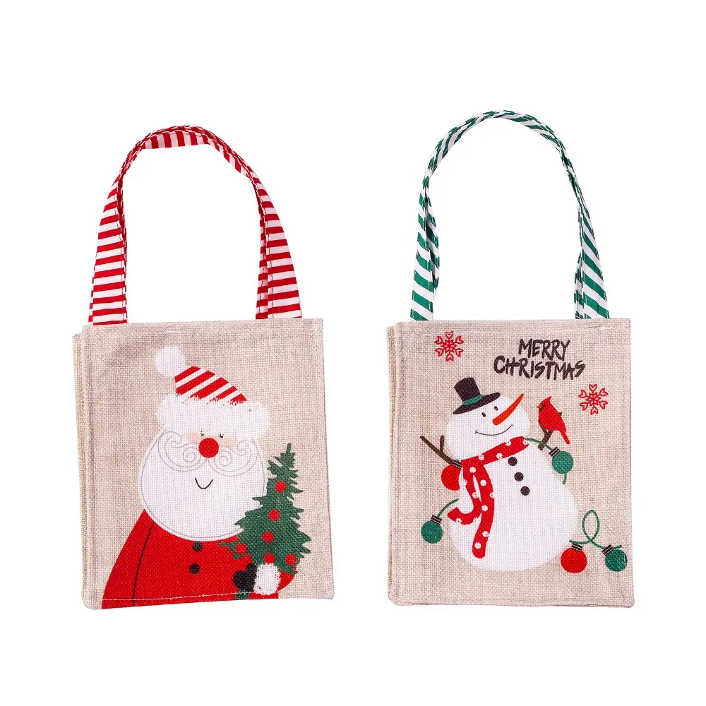 Christmas Burlap Tote Bag Reusable Treat Bags Santa Claus Snowman Xmas Linen Gifts Bags with Handle for Christmas Holiday Party