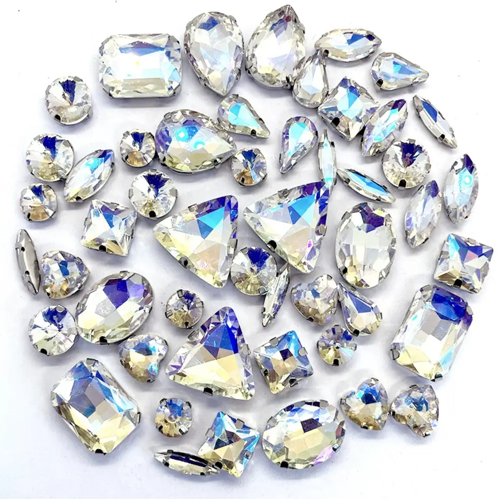 50pcs/Set Mix Shape Crystal Glass Beads Silver Claw Rhinestone Hand Sew On Diamond for Dress Bags Shoes Jewelry Making DIY Craft