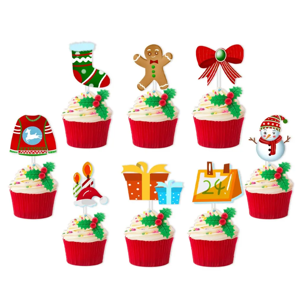 12pcs Christmas Cake Toppers Santa Claus Snowman Xmas Tree Cake Insert Cards Dessert Toppers Christmas Party Decoration Supplies