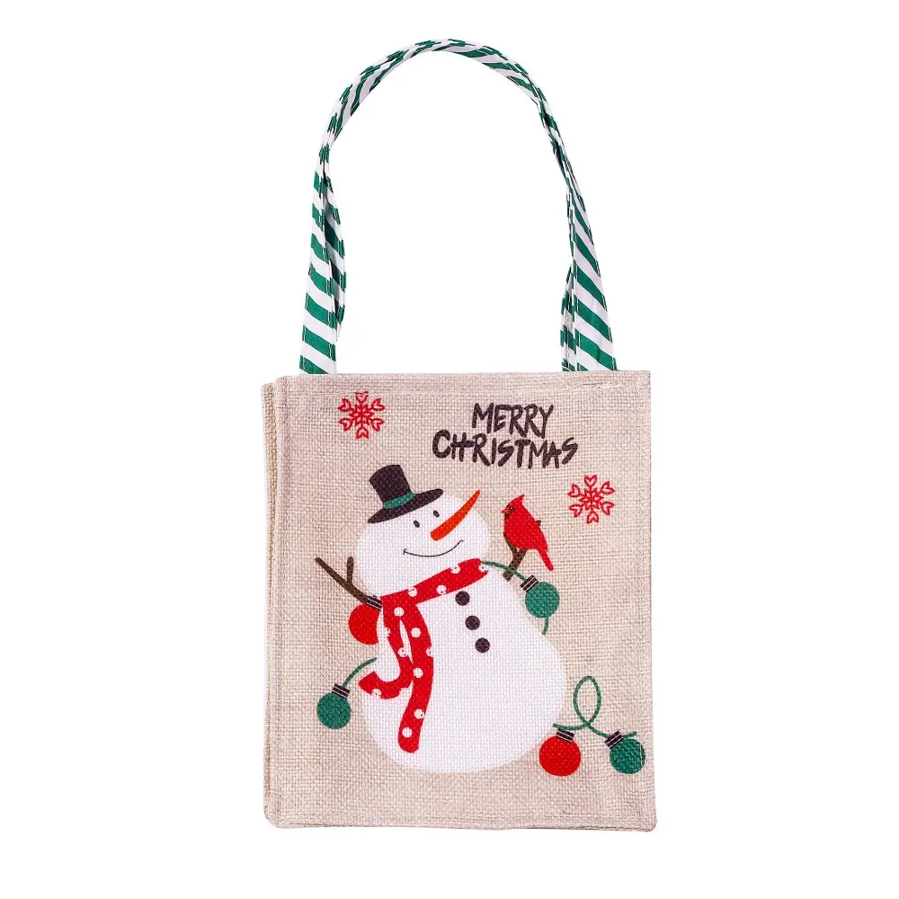 Christmas Burlap Tote Bag Reusable Treat Bags Santa Claus Snowman Xmas Linen Gifts Bags with Handle for Christmas Holiday Party