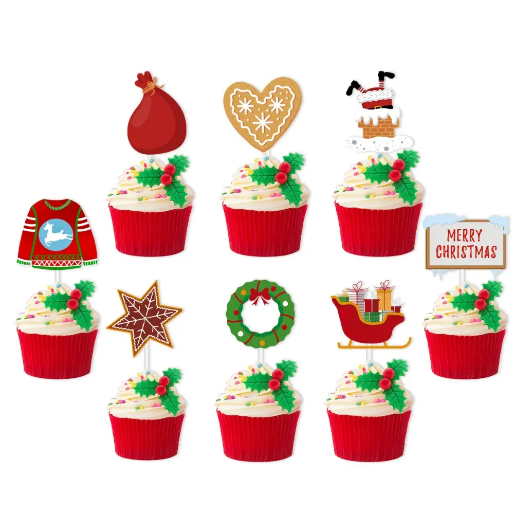 12pcs Christmas Cake Toppers Santa Claus Snowman Xmas Tree Cake Insert Cards Dessert Toppers Christmas Party Decoration Supplies