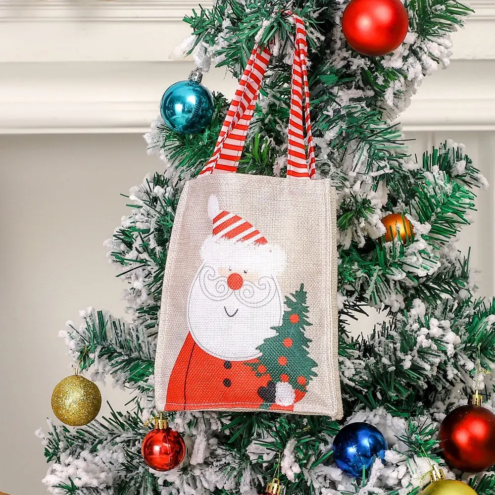 Christmas Burlap Tote Bag Reusable Treat Bags Santa Claus Snowman Xmas Linen Gifts Bags with Handle for Christmas Holiday Party