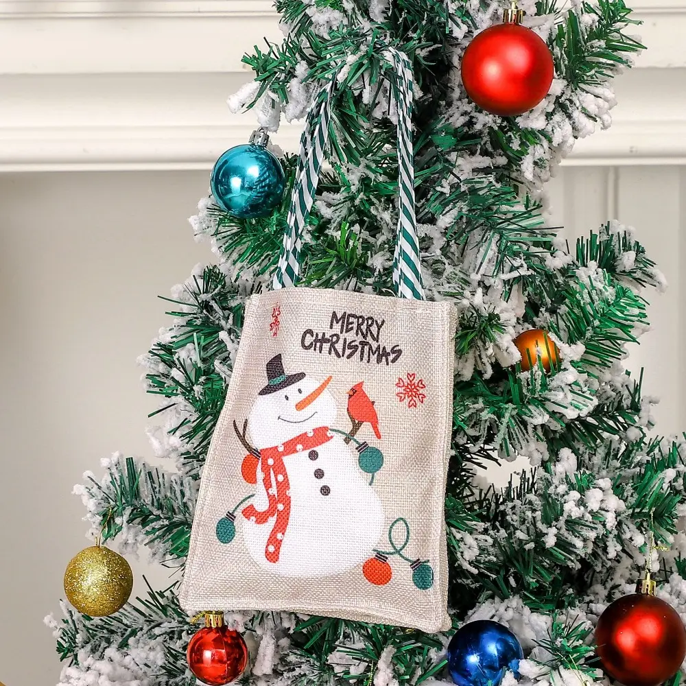 Christmas Burlap Tote Bag Reusable Treat Bags Santa Claus Snowman Xmas Linen Gifts Bags with Handle for Christmas Holiday Party