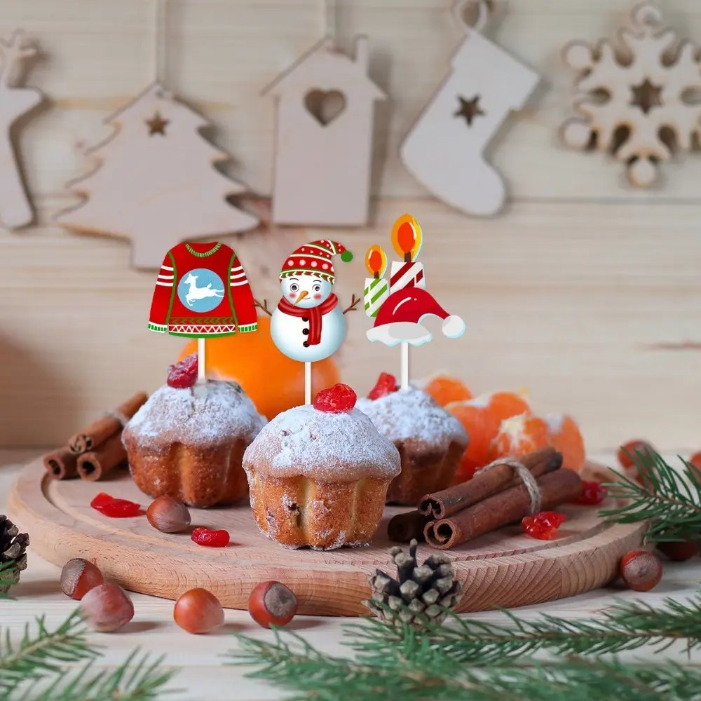 12pcs Christmas Cake Toppers Santa Claus Snowman Xmas Tree Cake Insert Cards Dessert Toppers Christmas Party Decoration Supplies