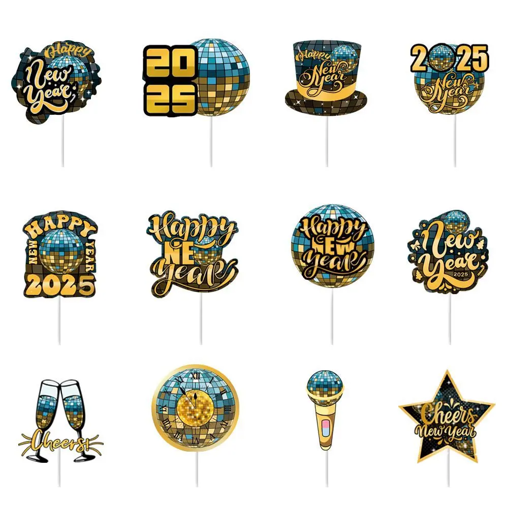 12pcs 2025 Happy New Year Cake Toppers Disco Design New Years Cake Insert Dessert Toppers New Year Party Decorations Supplies