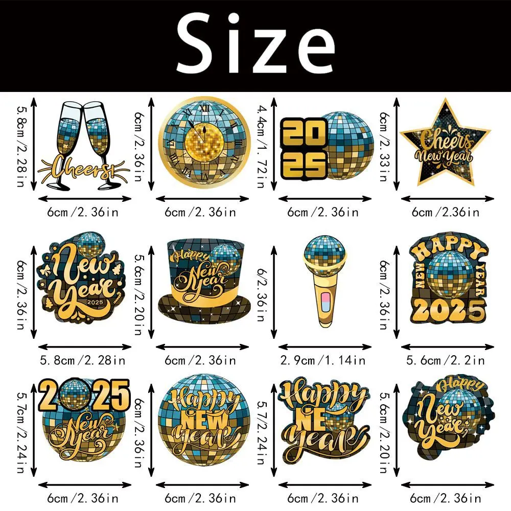 12pcs 2025 Happy New Year Cake Toppers Disco Design New Years Cake Insert Dessert Toppers New Year Party Decorations Supplies