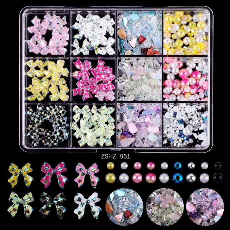 3D Resin Bow Nails Charms Set Flatback Colorful Bow Ribbon Pearl Butterfly Nail Charm for Nail Art Supplies Decoration DIY Craft