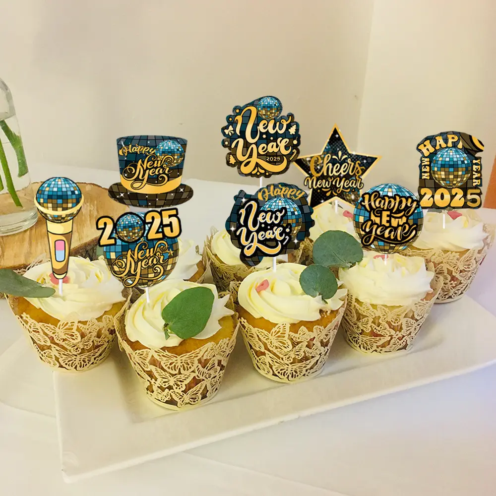 12pcs 2025 Happy New Year Cake Toppers Disco Design New Years Cake Insert Dessert Toppers New Year Party Decorations Supplies