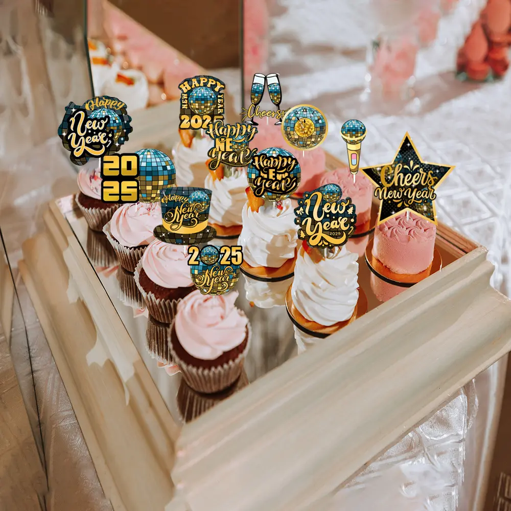 12pcs 2025 Happy New Year Cake Toppers Disco Design New Years Cake Insert Dessert Toppers New Year Party Decorations Supplies