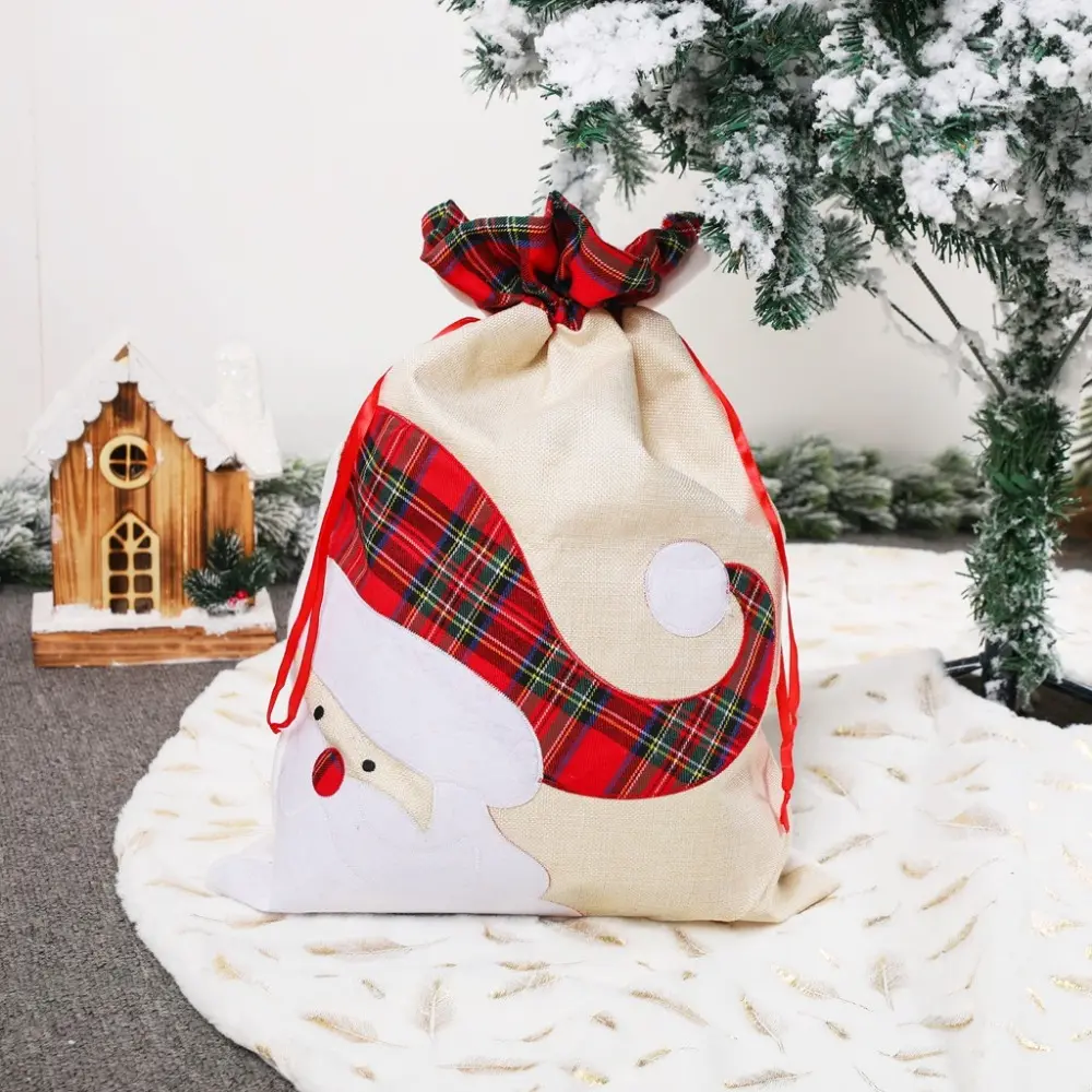 Linen Christmas Gifts Bag with Drawstring Old Man Santa Claus Treat Candy Bag Storage Reusable Xmas Gift Bag for Christmas Party