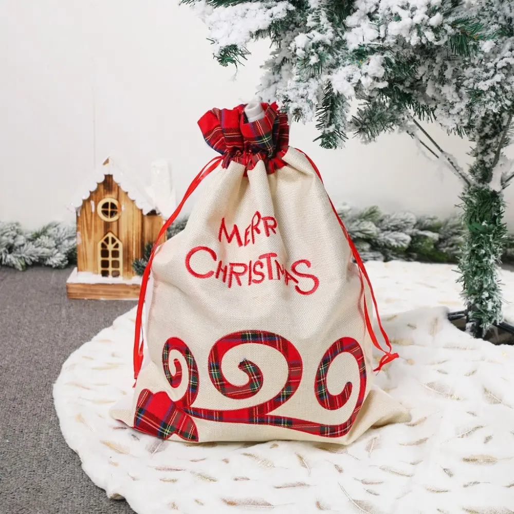 Linen Christmas Gifts Bag with Drawstring Old Man Santa Claus Treat Candy Bag Storage Reusable Xmas Gift Bag for Christmas Party