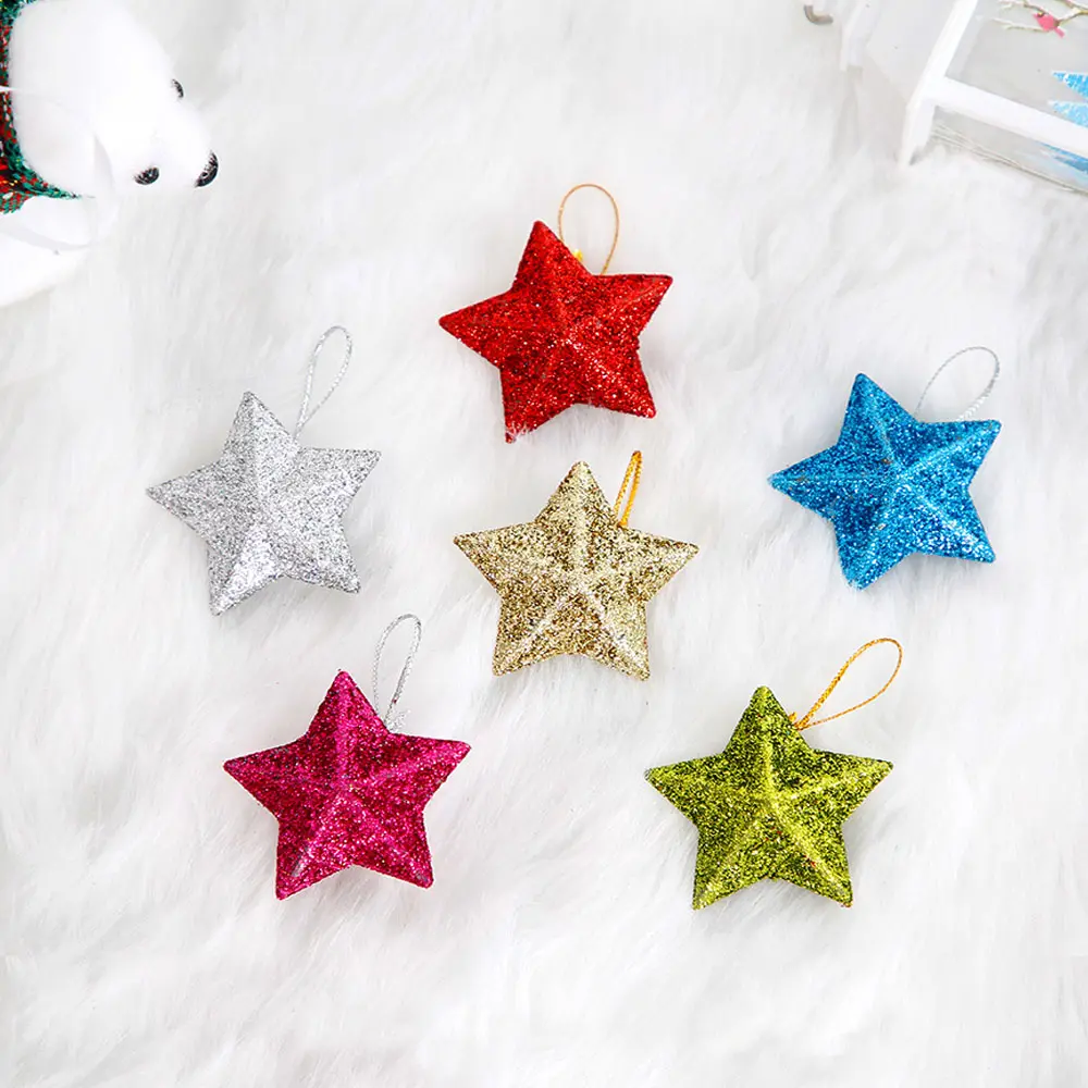 6pcs Glitter Gold Silver Star Christmas Ornaments Star Embellishments Pendants for Xmas Tree Hanging Christmas Party Decorations