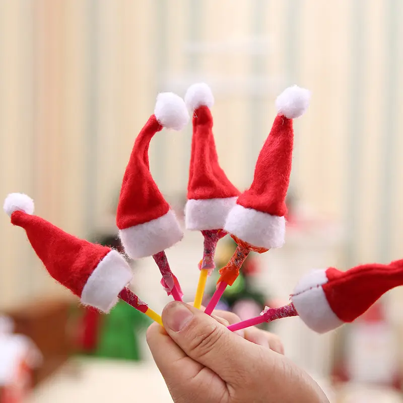 10pcs/Set Mini Christmas Lollipop Hats Santa Claus Wine Bottle Cover Hat for DIY Xmas Christmas Party Decorations Supplies 7x4cm