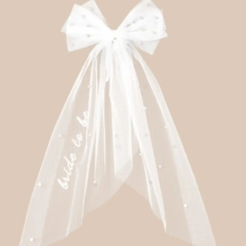 Bride to Be Embroidered Hair Bow Veil Soft Tulle Double Layer Bow Pearl Veil for Bachelorette Wedding Engagement Party Supplies