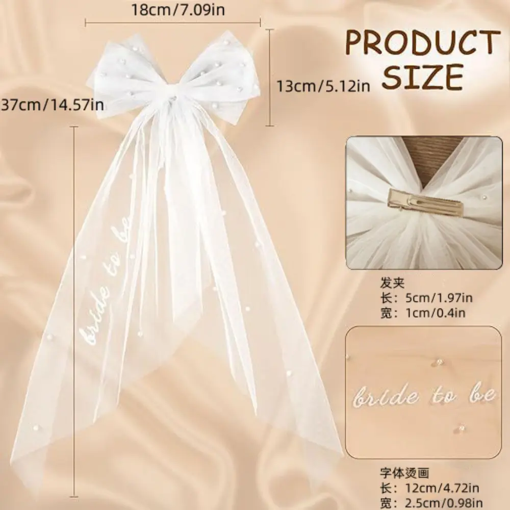 Bride to Be Embroidered Hair Bow Veil Soft Tulle Double Layer Bow Pearl Veil for Bachelorette Wedding Engagement Party Supplies