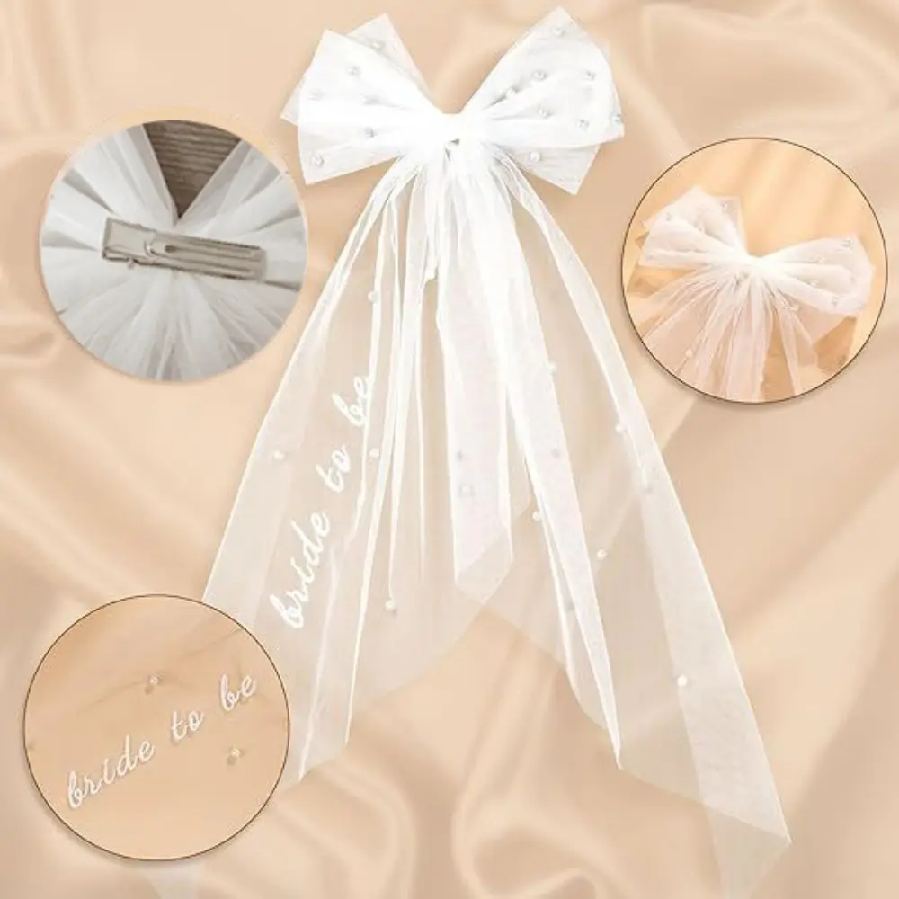 Bride to Be Embroidered Hair Bow Veil Soft Tulle Double Layer Bow Pearl Veil for Bachelorette Wedding Engagement Party Supplies