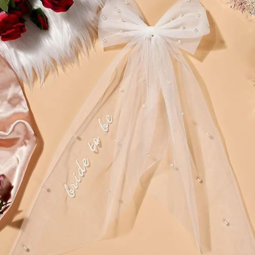 Bride to Be Embroidered Hair Bow Veil Soft Tulle Double Layer Bow Pearl Veil for Bachelorette Wedding Engagement Party Supplies