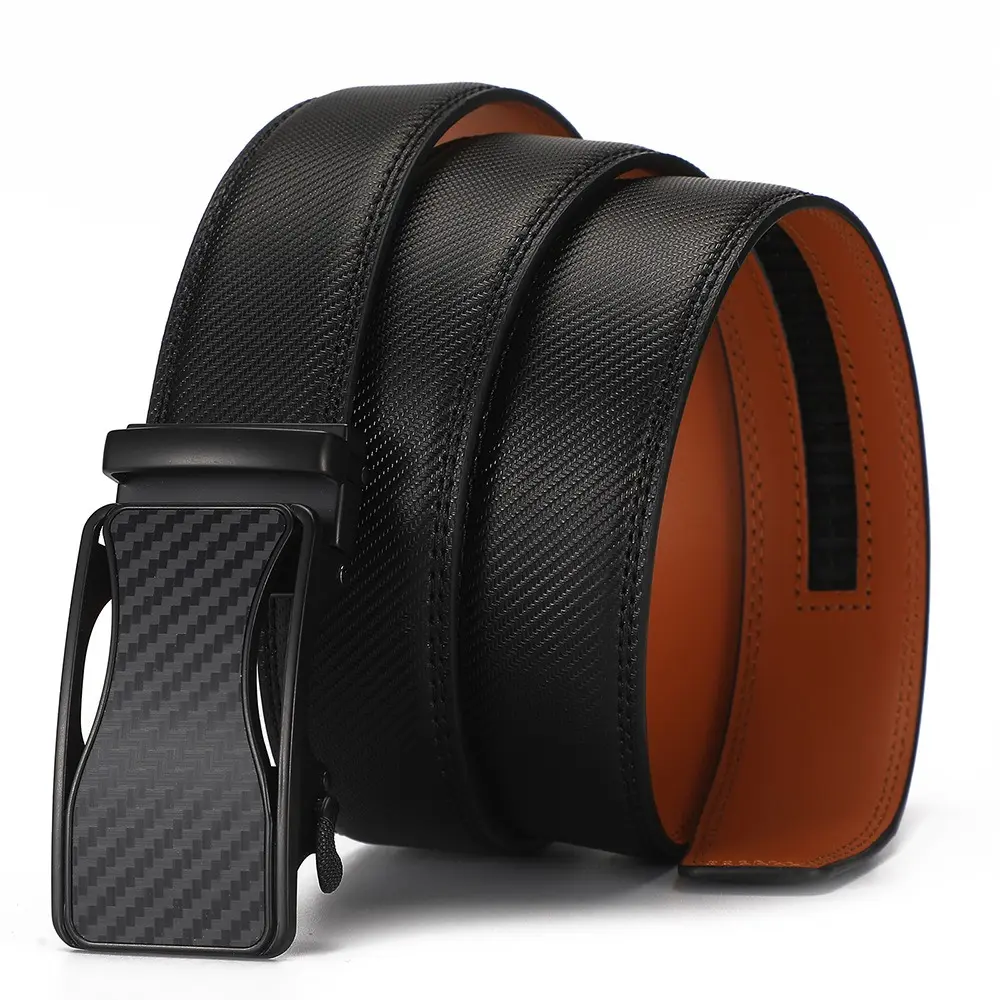Men's Leather Belt Automatic Ratchet Buckle Slide Belt for Dress Casual 1 3/8'' Wide Trim To Fit, Gift for Him Dad Husband