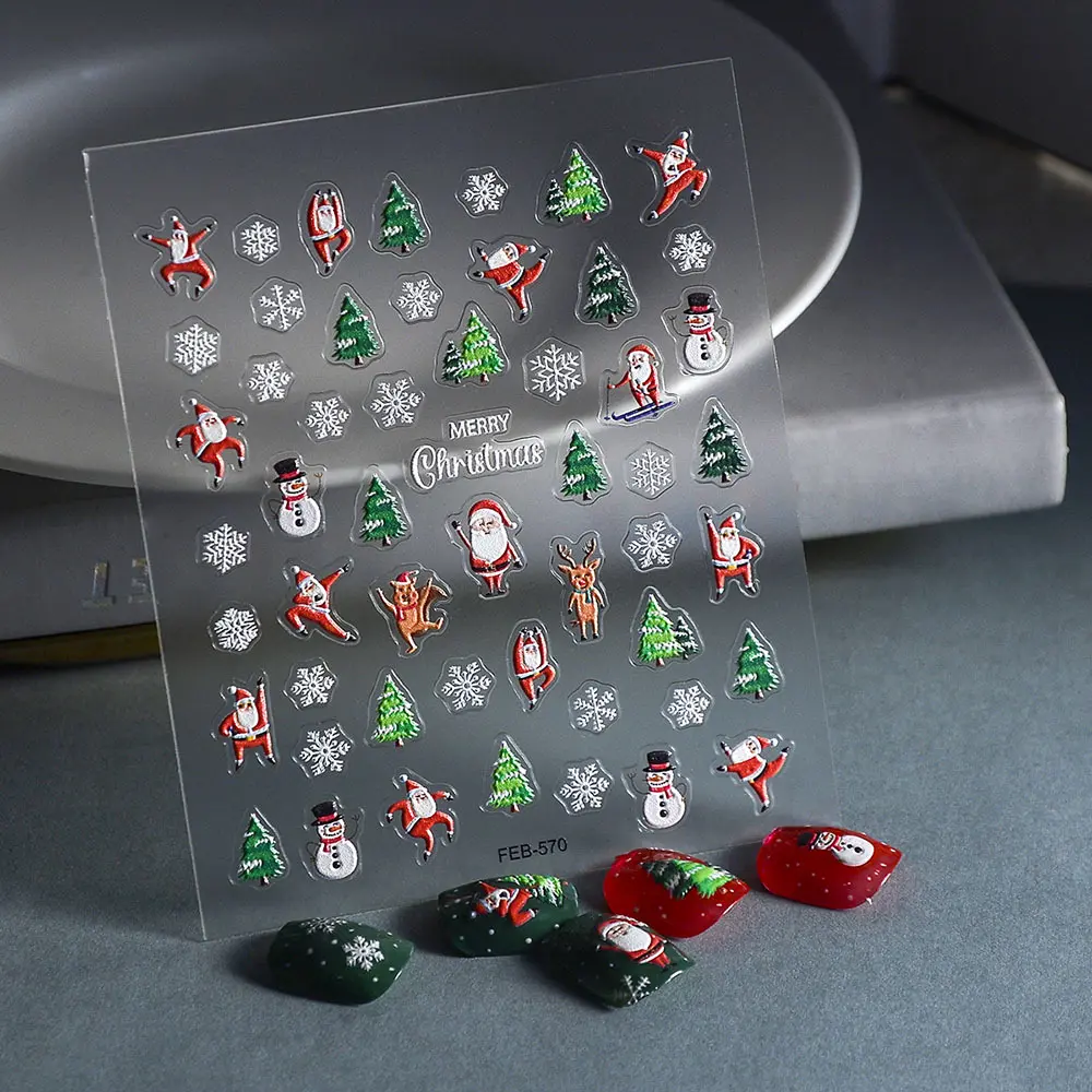 5D Embossed Christmas Nail Stickers Cartoon Snowflake Santa Claus Nail Sticker Self-Adhesive Decal for DIY Nail Art Decorations