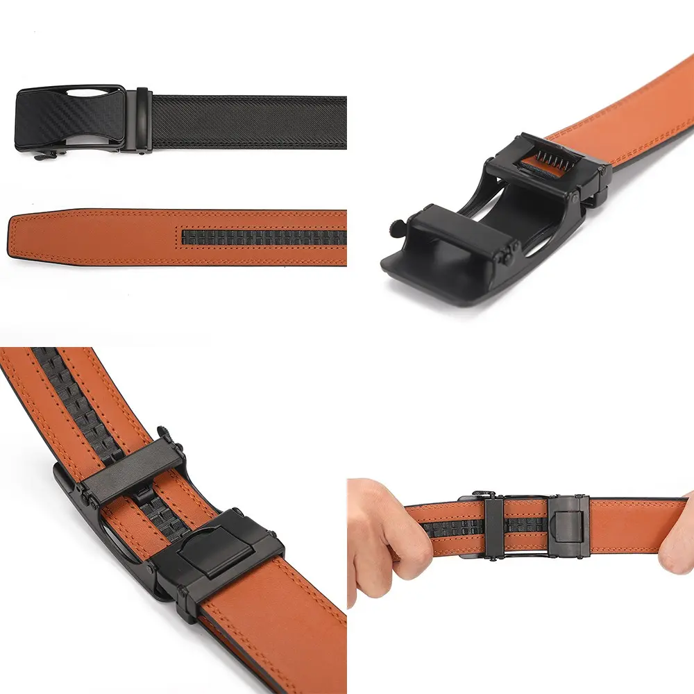 Men's Leather Belt Automatic Ratchet Buckle Slide Belt for Dress Casual 1 3/8'' Wide Trim To Fit, Gift for Him Dad Husband